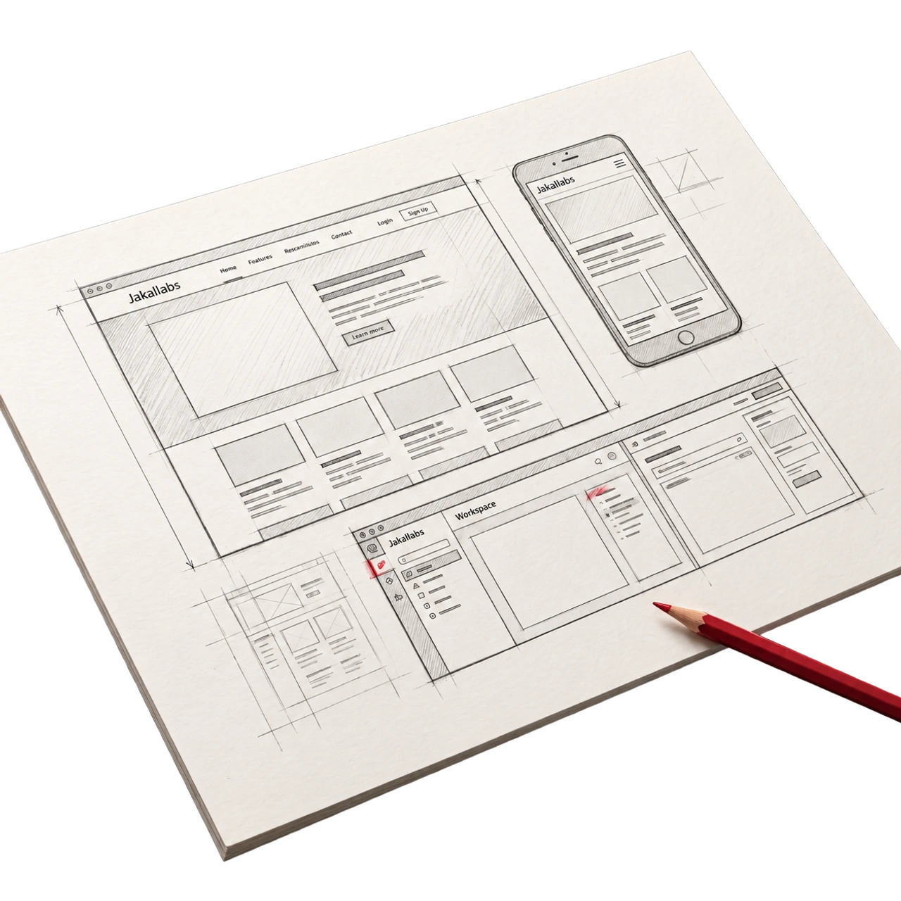 Graphite studies of a website, mobile layout and application on ivory paper, with a red pencil.